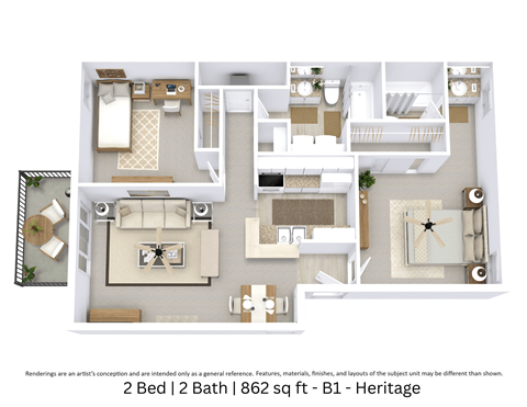 Floor plan for 2 beds, 2 baths, 862 sqft